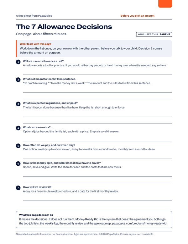 The 7 Allowance Decisions sheet: seven numbered questions, each with a line to write on