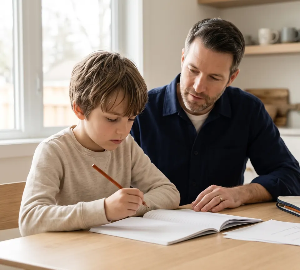 A father and his son working something out together at the kitchen table