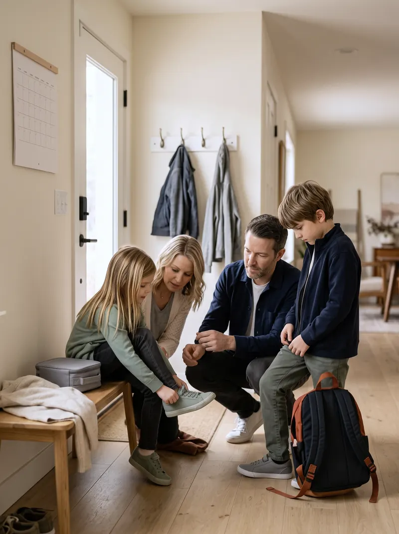 Two parents help their children with shoes and a jacket by the front door, bags packed