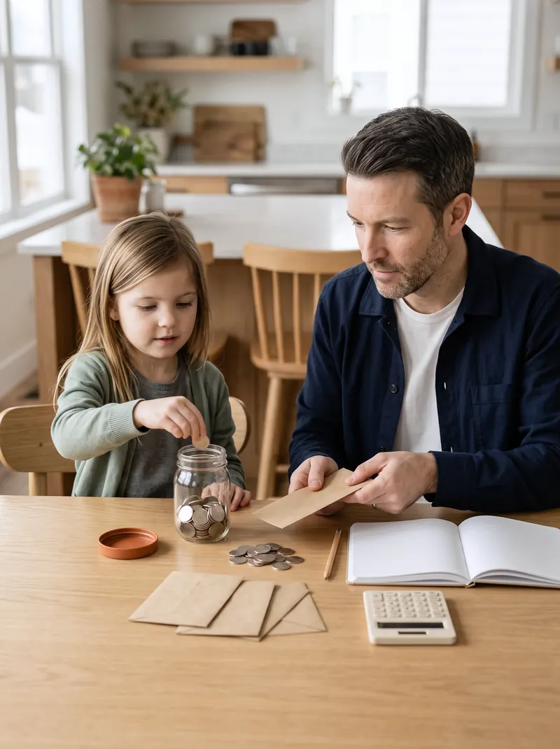 A child drops a coin into a savings jar while her father sorts envelopes at the kitchen table