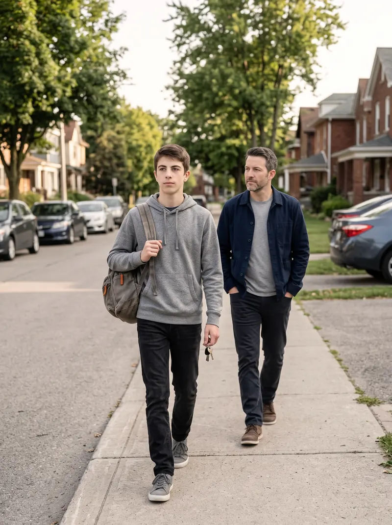A teenager walks a few steps ahead of his father along a quiet street, keys in hand
